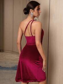 單肩褶邊緊身洋裝 - 酒紅色 - 查看 2