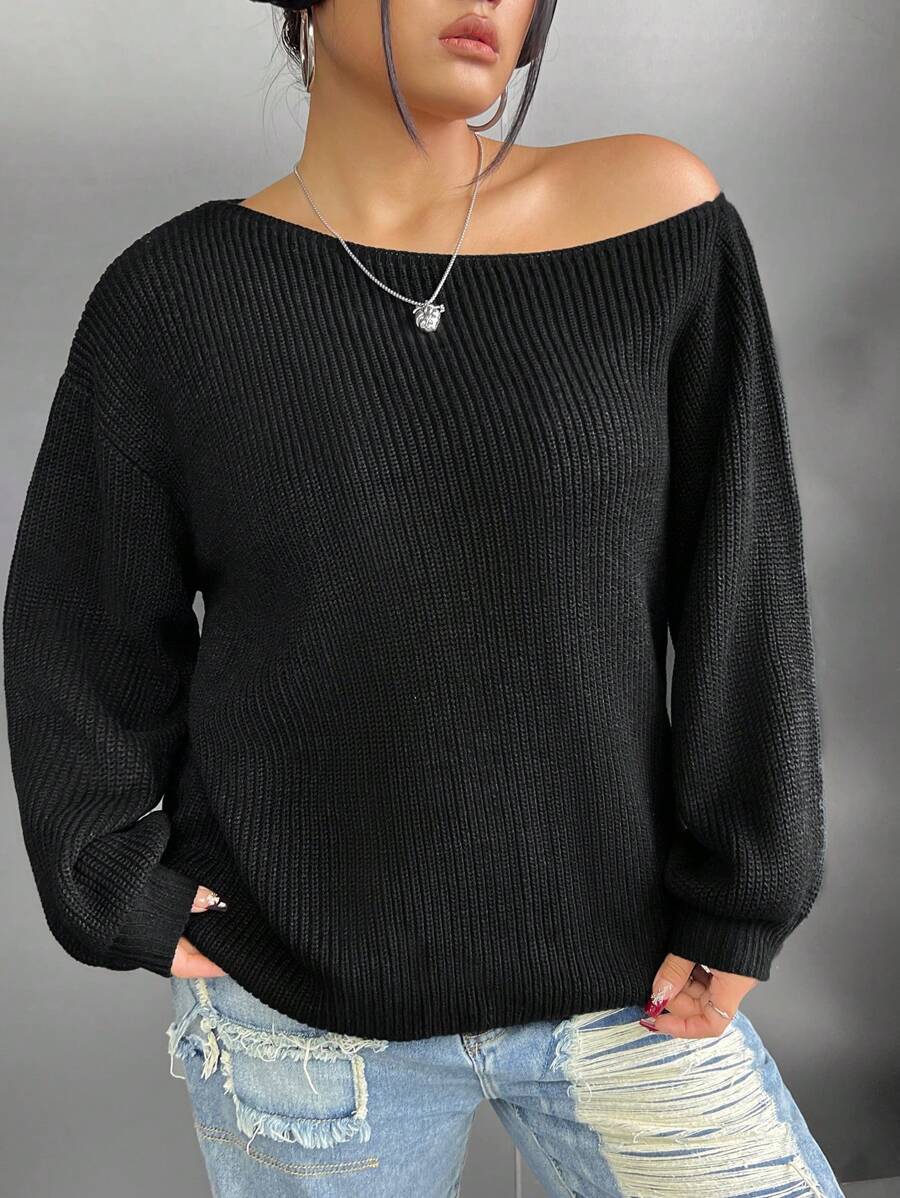 SHEIN EZwear Hơn Cổ không đối xứng Thả vai Áo len - màu đen - Xem 1