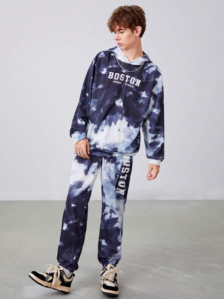 Teen Boy Tie Dye Letter Graphic Drop Shoulder Hoodie & Sweatpants