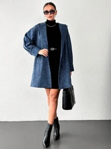 EURMUSE Lapel Neck Drop Shoulder Button Front Overcoat - Blue - View 5