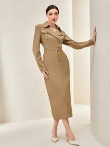 Mulvari Vestido de cuello con solapa con abertura trasera - Caqui - Ver 6
