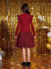 SHEIN 女大童荷葉邊T恤和毛茸茸半身裙 - 紅色 - 查看 6