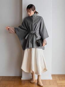 FRIFUL 斗篷袖腰帶花呢外套 - 灰色 - 查看 4