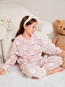 SHEIN Tween Girl Cartoon Graphic Flannel PJ Set - Pink - View 5