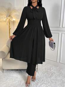 SHEIN Lady Cà vạt Tay áo lồng đèn Viền chia cắt Áo thun & Quần - màu đen - Xem 6