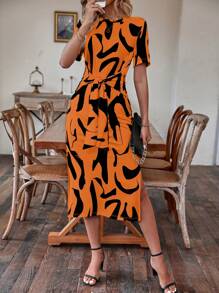 SHEIN LUNE Allover Print Split Thigh Knot Front Dress - Orange - View 6