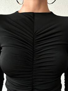 EURMUSE Solid Ruched Front Bodysuit - Black - View 4