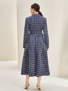 Modelyn Plaid Print Belted Coat & Dress - Navy Blue - View 2