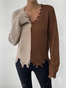 SHEIN Essnce 雙色落肩袖仿舊邊套頭毛衣 - 棕色 - 查看 5