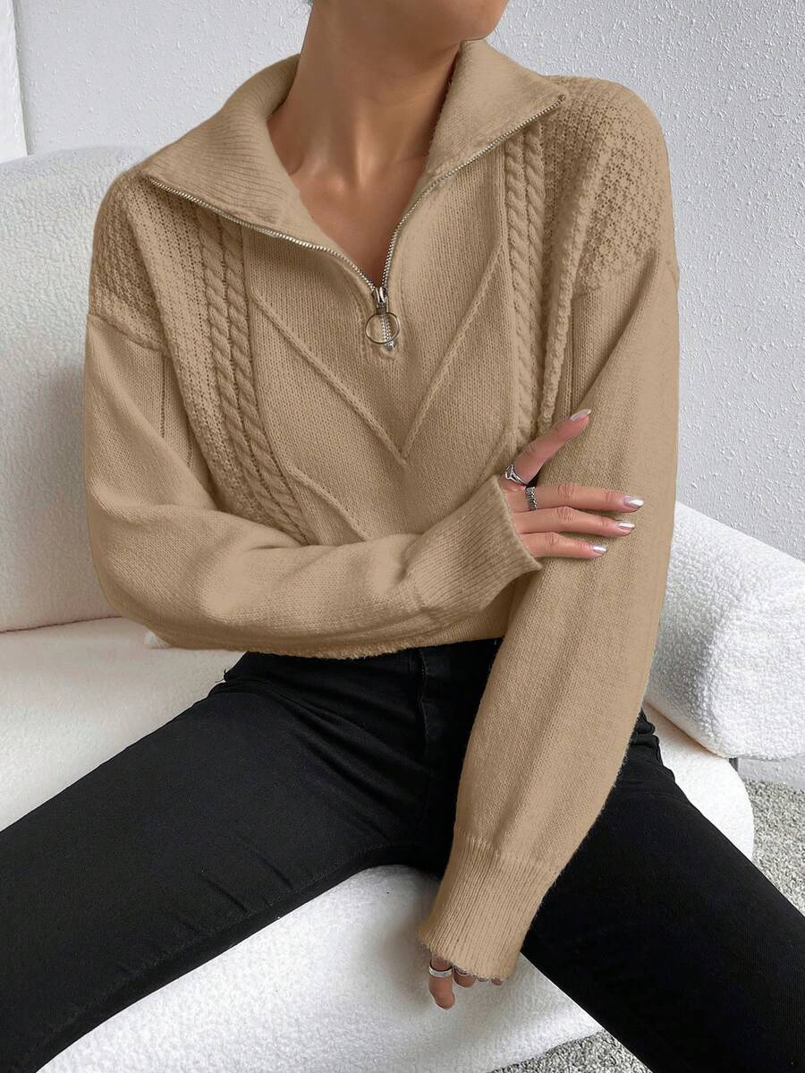 SHEIN Frenchy Cable Knit Quarter Zip Drop Shoulder Sweater - Khaki - View 1