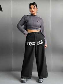 SHEIN EZwear Plus Letter Graphic Wide Leg Pants - Black - View 5