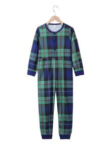 Tween Boys' Checked Home Clothes Pajama - Green - View 1