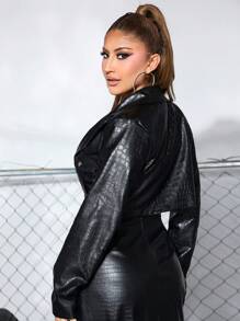 SHEIN SXY 西裝領單釦PU皮革西裝外套 - 黑色 - 查看 2