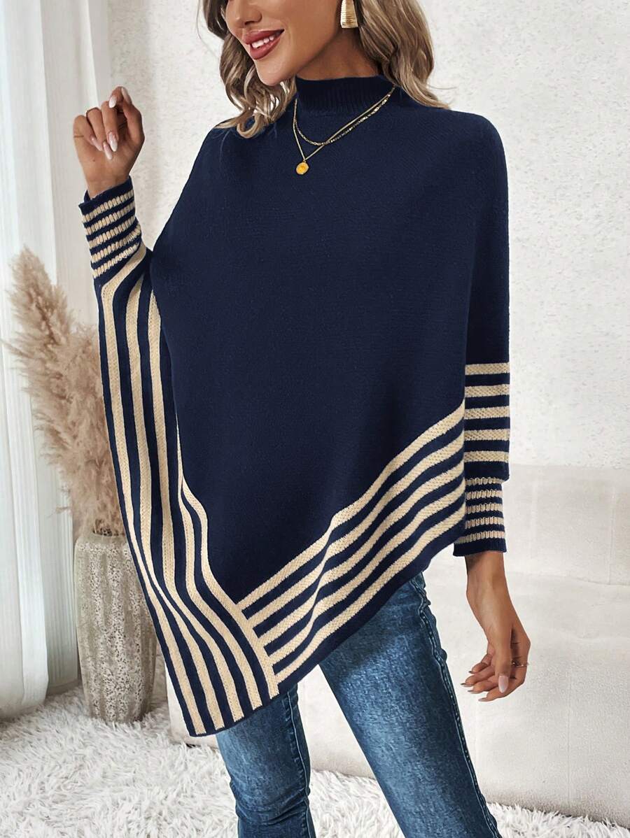 SHEIN Clasi Jersey poncho con patrón de rayas de cuello alto de manga murciélago bajo asimétrico - Azul - Ver 1