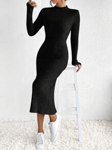 SHEIN Frenchy Mock Neck Ribbed Knit Bodycon Dress - Black - View 3