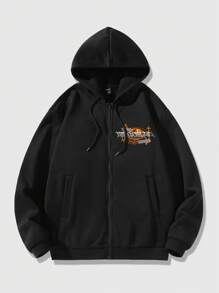 ROMWE MEN Street Life 男士骷髏頭和字母印花帶拉鍊前開式毛呢帽衫,帶束口 - 黑色 - 查看 2