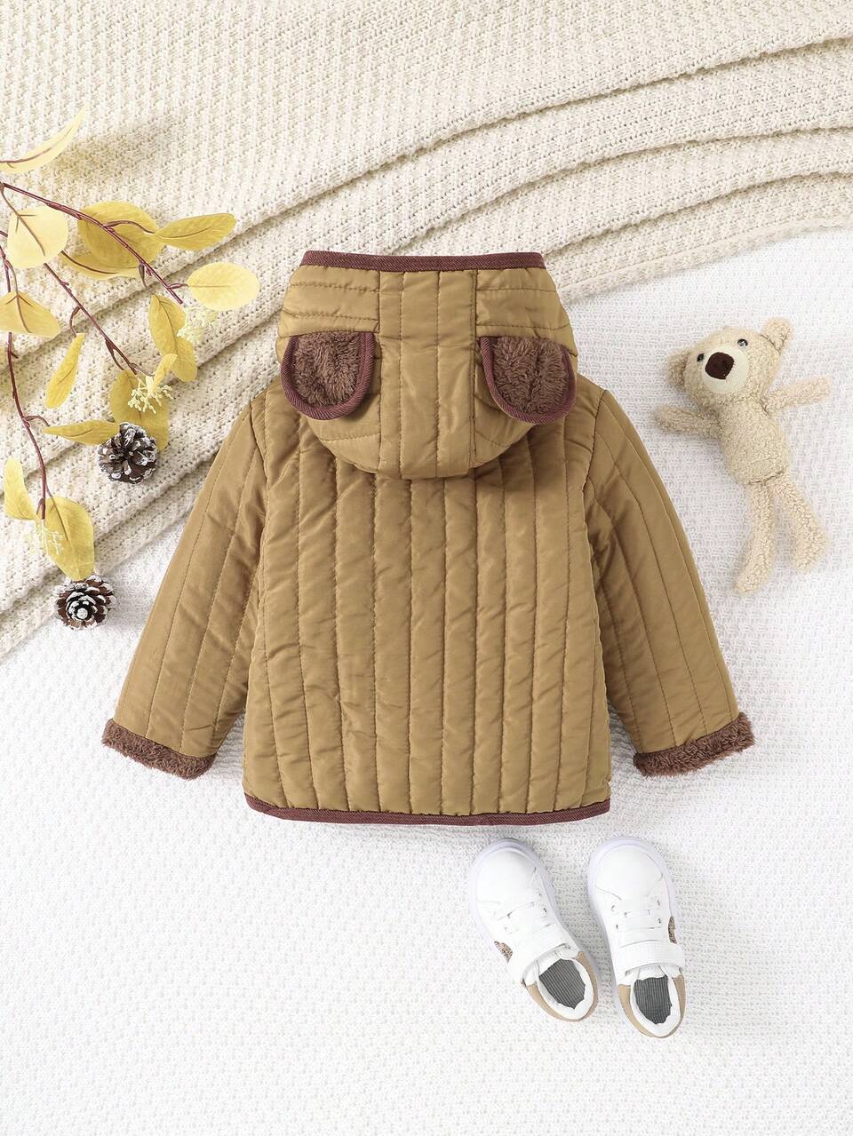 Baby Boy Contrast Binding 3D Ears Design Hooded Coat