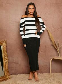 SHEIN SXY 條紋圖案一字肩緊身毛衣洋裝 - 黑與白 - 查看 1
