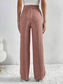 SHEIN Tall Pantalones de pierna ancha de cintura con cordón tejido de canalé - Rosa vieja - Ver 2