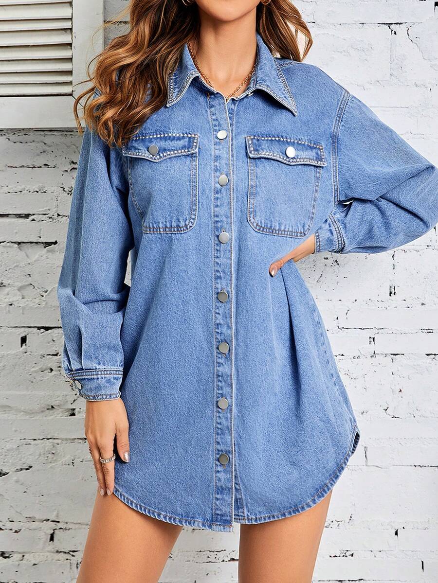 SHEIN LUNE Flap Pocket Drop Shoulder Denim Dress - Medium Wash - View 1