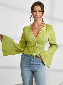 SHEIN Privé 腰部抽繩喇叭袖荷葉邊下擺襯衫 - 綠色 - 查看 6