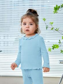 SHEIN Đứa bé gái Ren Mộc nhĩ Đồ đan Ribbed Áo thun - Màu xanh lam - Xem 1