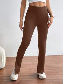 SHEIN Essnce Chất rắn Viền chia cắt Cao eo Xà cạp - màu nâu - Xem 6