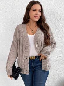 SHEIN LUNE 大碼麻花編織落肩袖開襟衫 - 卡其色 - 查看 6