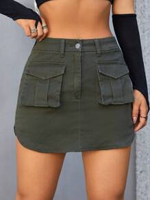 SHEIN ICON 翻蓋口袋牛仔半身裙 - 軍綠色 - 查看 1