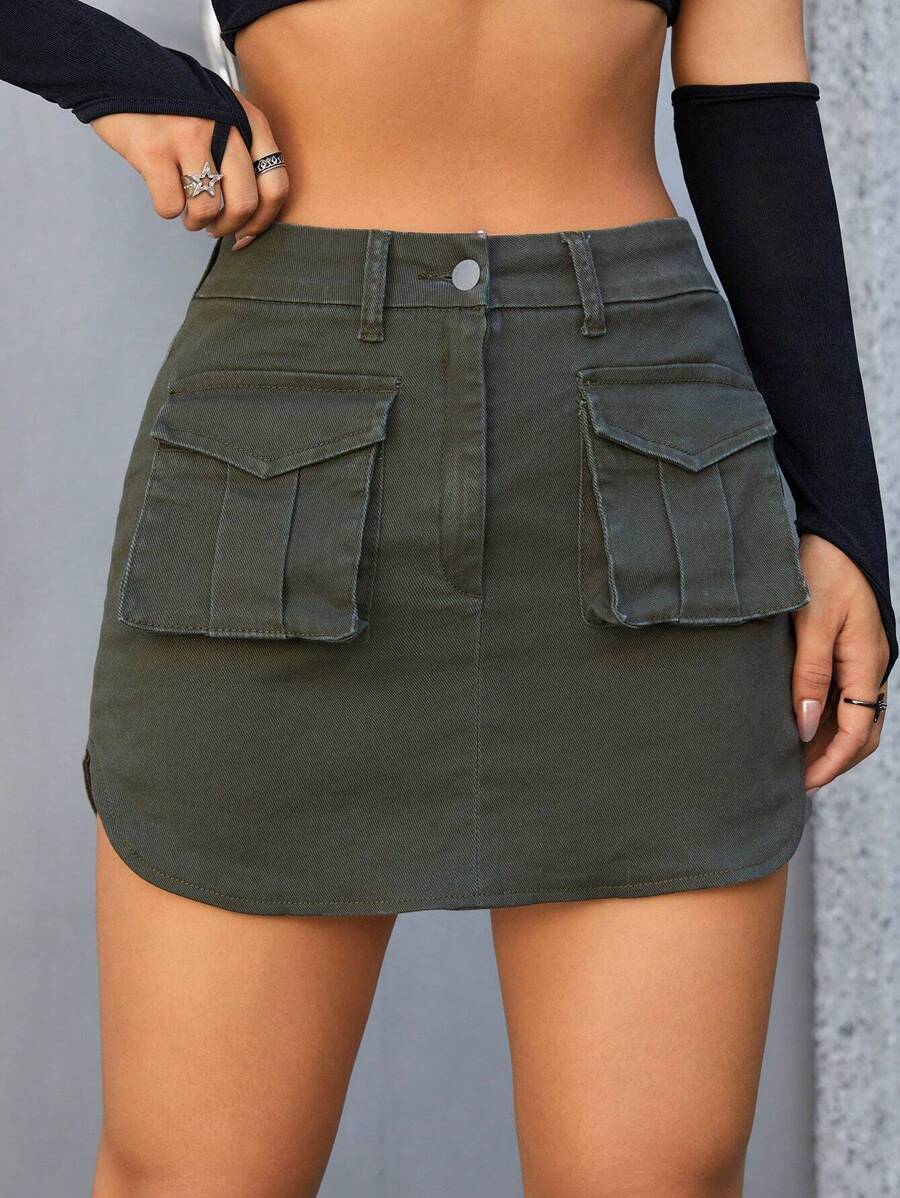 SHEIN ICON 翻蓋口袋牛仔半身裙 - 軍綠色 - 查看 1