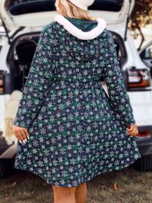 SHEIN Clasi Plus Plaid & Snowflake Print Hooded Dress - Green - View 2