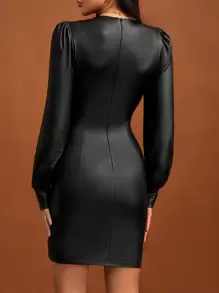 SHEIN Tall Vestido girante delantero de manga farol PU