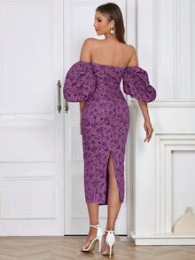 Off Shoulder Lantern Sleeve Split Back Bodycon Dress - Purple - View 2
