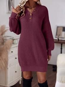 SHEIN LUNE Button Detail Drop Shoulder Sweater Dress - Burgundy - View 3
