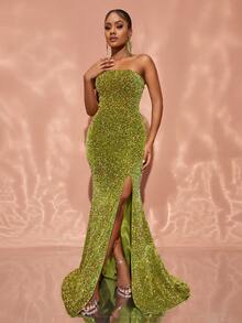 Split Thigh Sequin Formal Dress - Olive Green - View 6