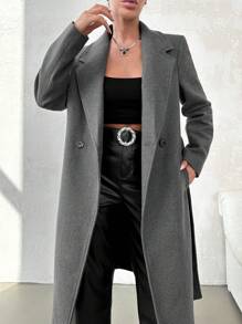 EURMUSE Lapel Neck Double Breasted Belted Overcoat - Grey - View 5