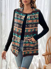 SHEIN VCAY Gilet cappotto con stampa geo aperto davanti - Multicolore - Visualizzare 4