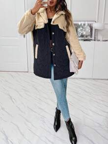 SHEIN Essnce Abrigo teddy de dos tonos de hombros caídos - Albaricoque - Ver 4