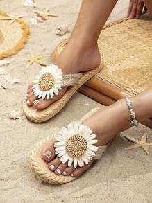 Women's Floral Embellished Casual Flat Rope Thong Sandals