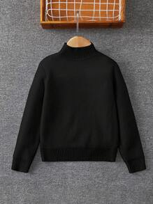 SHEIN Tween Boy High Neck Thermal Lined Sweater,In Fall/Winter - Black - View 2