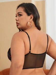 大码唇印网眼文胸、内衣 - 黑色 - 查看 3