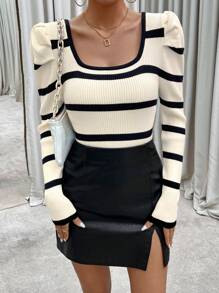RosyDaze 條紋圖案泡泡袖大圓領套頭毛衣