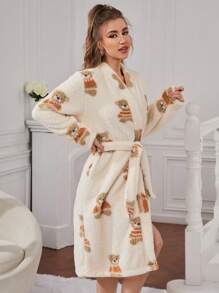 Bear Pattern Belted Teddy Robe - Apricot - View 4
