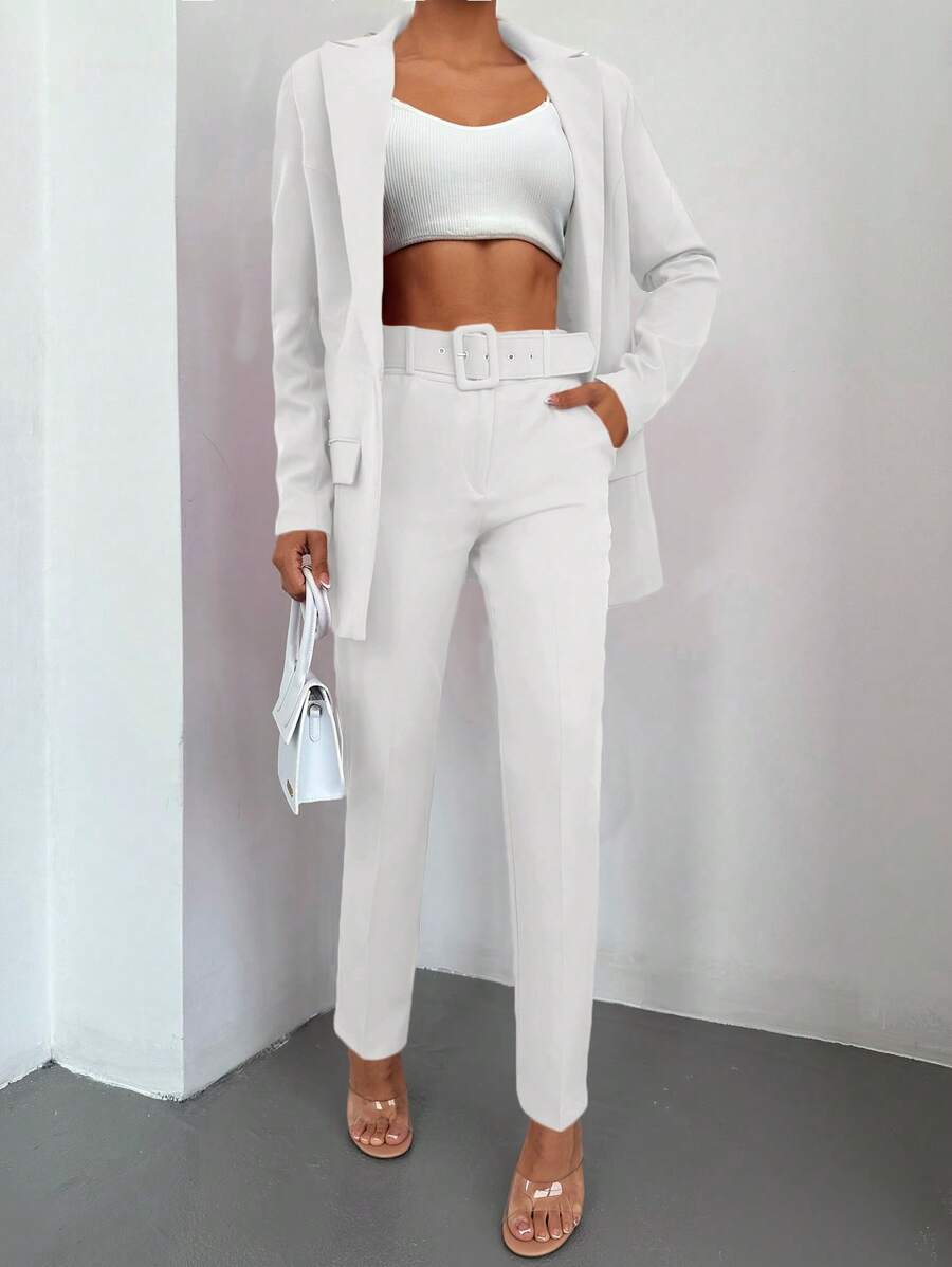 EURMUSE Solid Blazer & Slant Pocket Belted Suit Pants - White - View 1