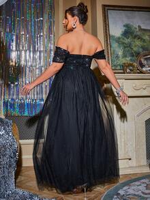 Glamaker Plus Off Shoulder Contrast Sequin Mesh Formal Dress - Black - View 2