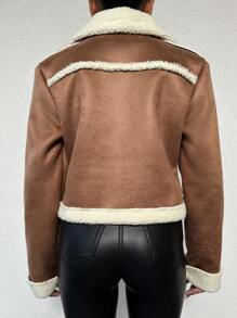 EURMUSE Fuzzy Oversized Collar Zipper Closure Women's Jacket - Camel - View 2