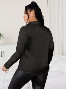 Celure Plus Solid Button Front Satin Shirt - Black - View 2