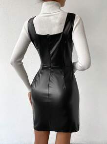 SHEIN Clasi 纯色漆皮连衣裙（不含毛衣） PU 皮革女装 - 黑色 - 查看 2