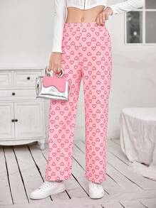 SHEIN EZwear Allover Heart Print Straight Leg Pants - Pink - View 4
