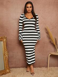 SHEIN SXY Robe Pull Moulante À Rayures Dos-Nu À Nœud